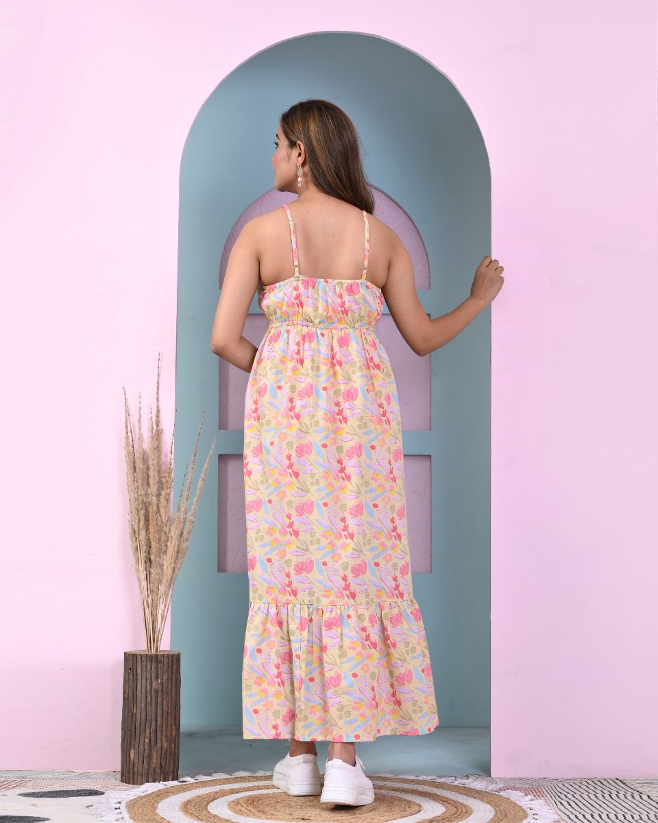 Yellow Cotton Cami Strap Floral Long Dress For Women
