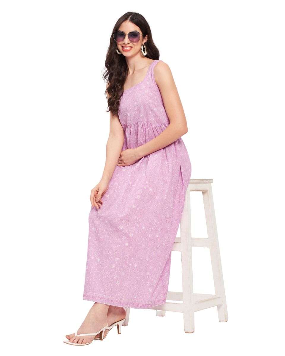 Lavender Floral Printed Cotton Sleeveless Long Dress For Women