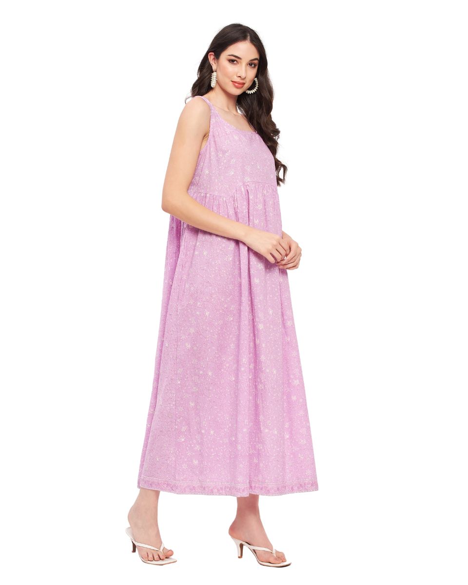 Lavender Floral Printed Cotton Sleeveless Long Dress For Women