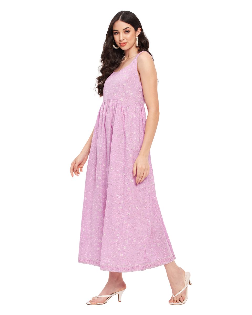 Lavender Floral Printed Cotton Sleeveless Long Dress For Women