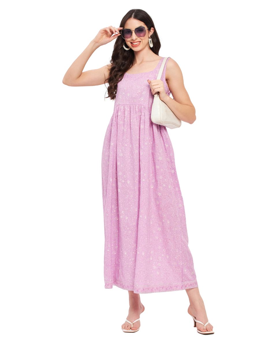 Lavender Floral Printed Cotton Sleeveless Long Dress For Women