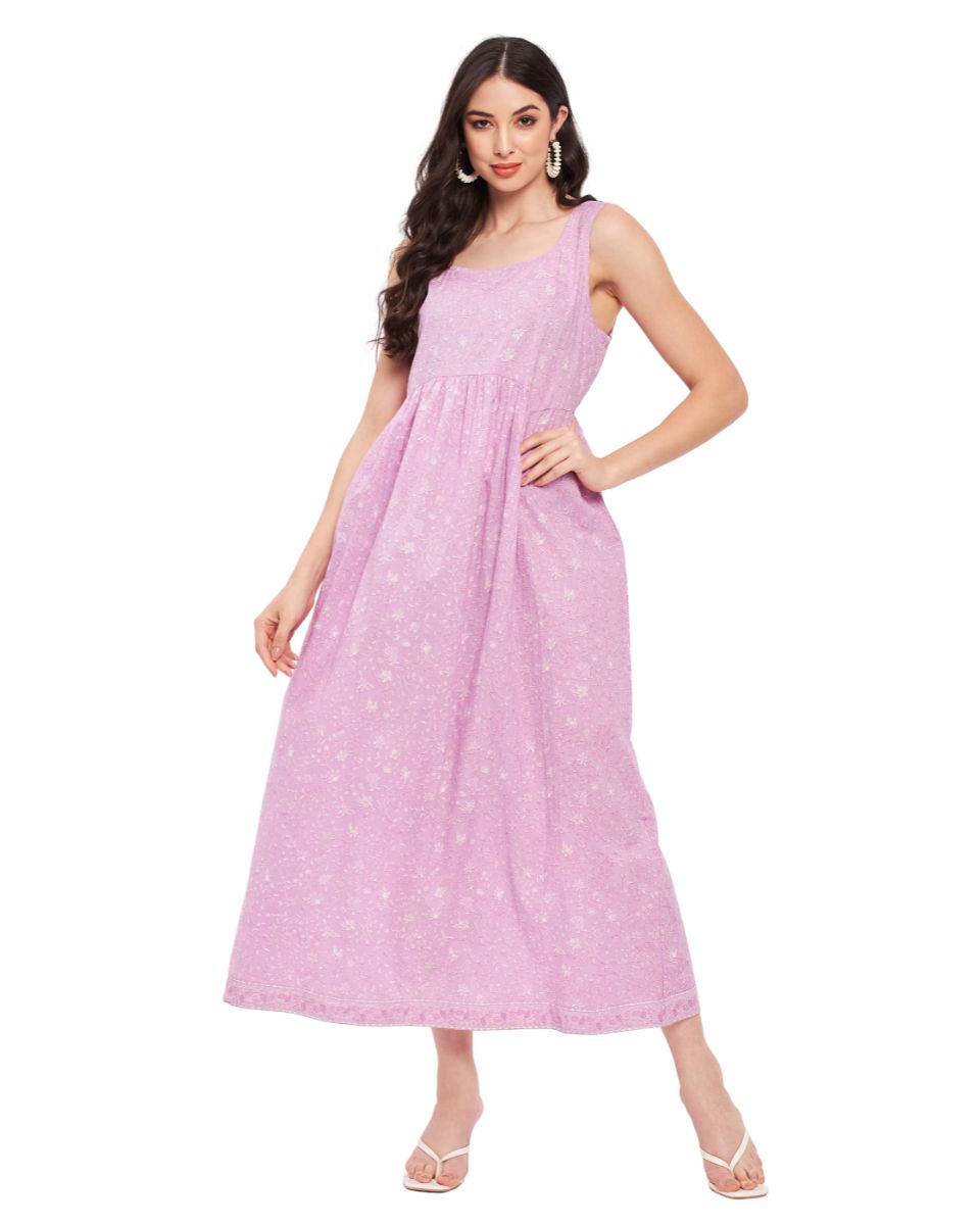 Lavender Floral Printed Cotton Sleeveless Long Dress For Women