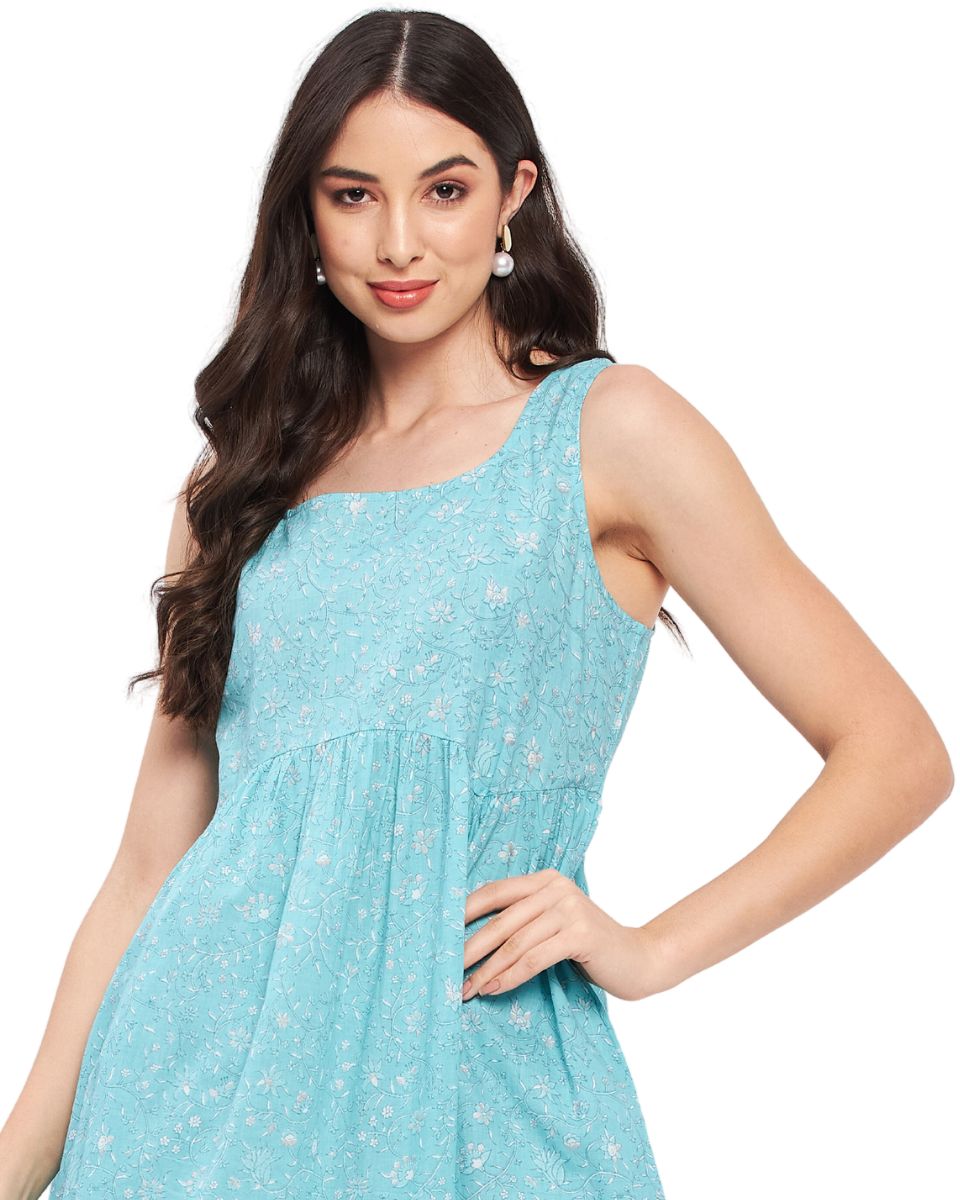 Blue Cotton Floral Maxi Dress For Women