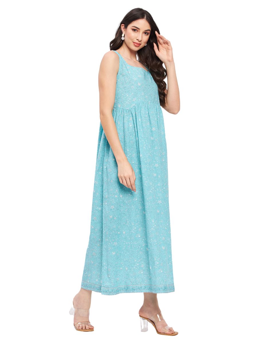 Blue Cotton Floral Maxi Dress For Women