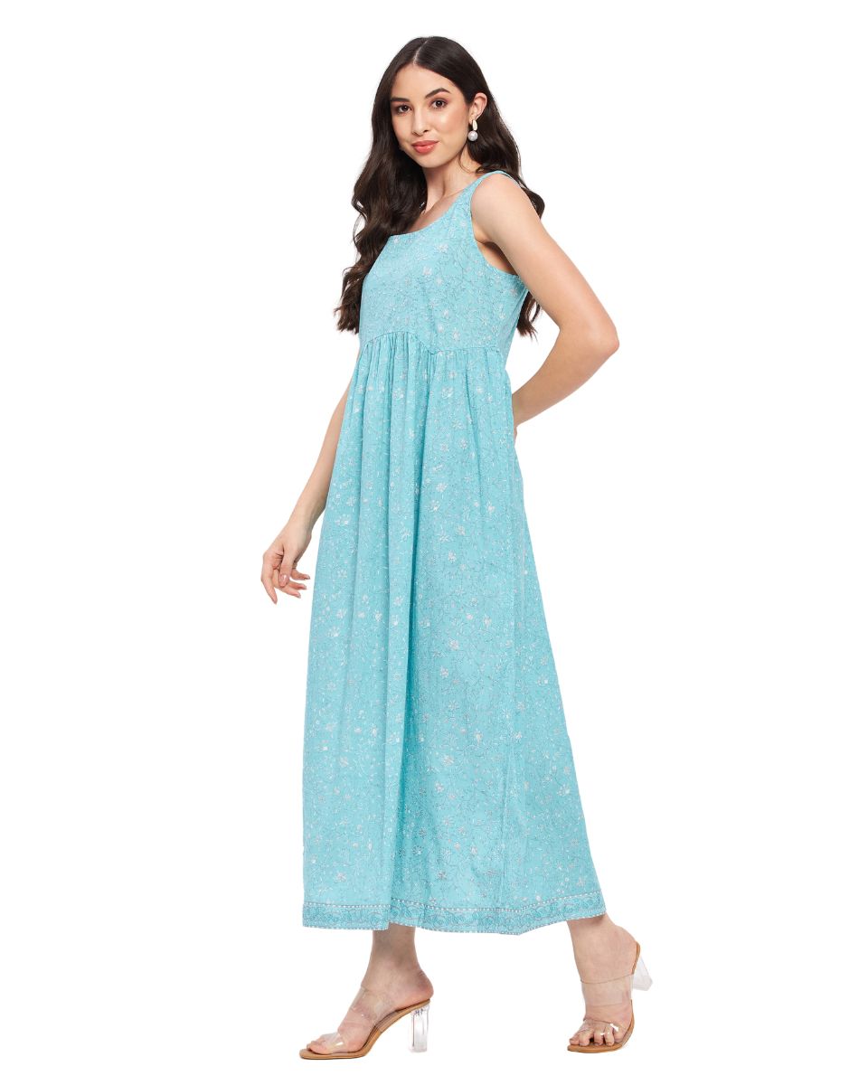 Blue Cotton Floral Maxi Dress For Women
