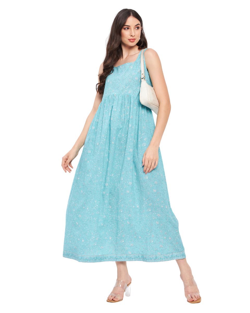 Blue Cotton Floral Maxi Dress For Women