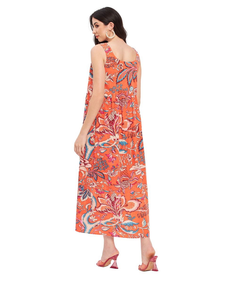 Floral Print Orange Cotton Casual Maxi Dress For Women