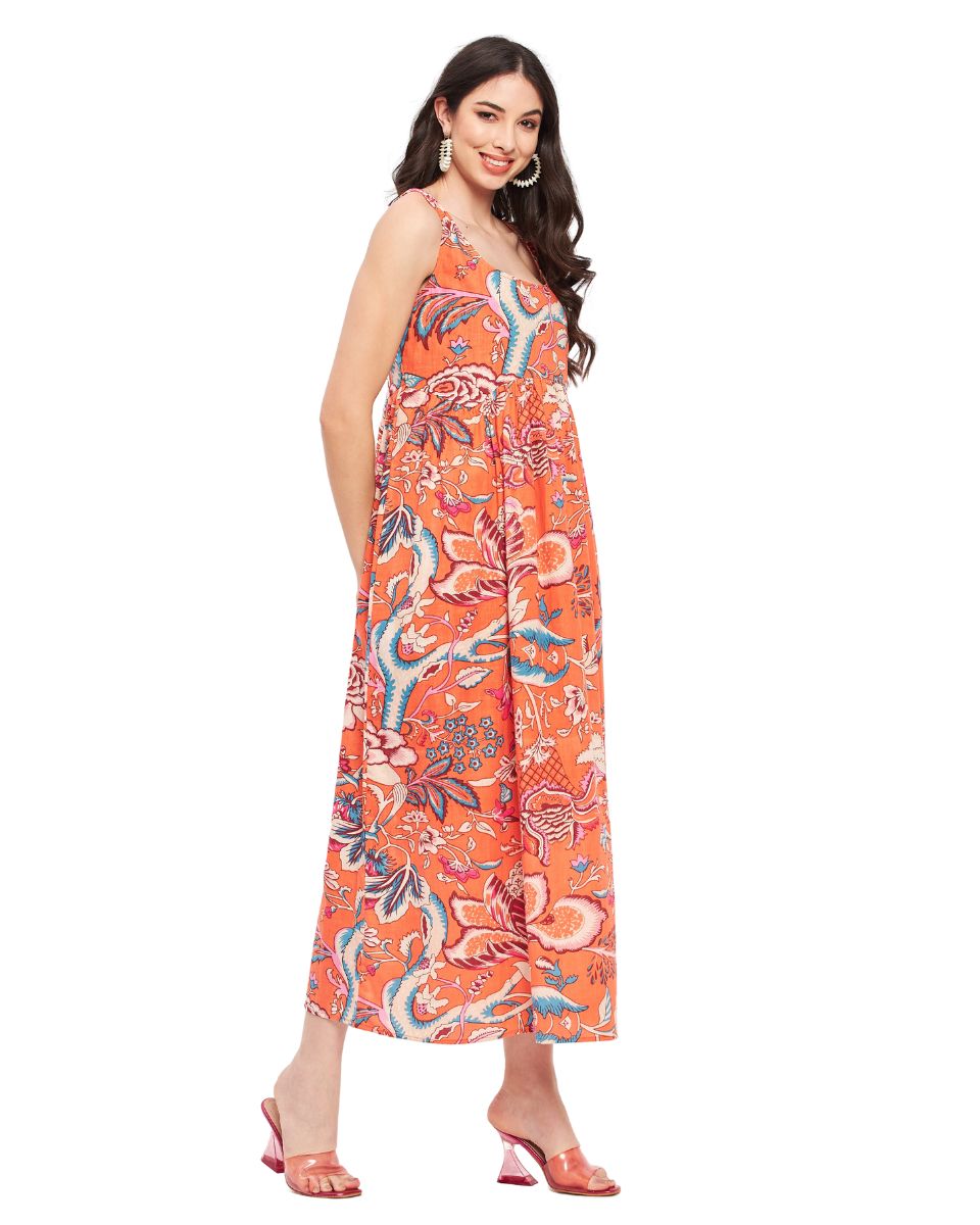 Floral Print Orange Cotton Casual Maxi Dress For Women