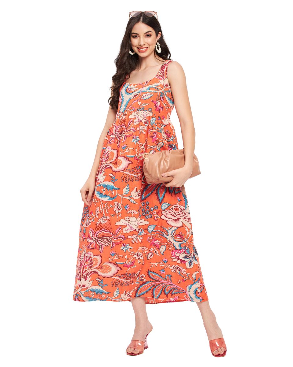 Floral Print Orange Cotton Casual Maxi Dress For Women