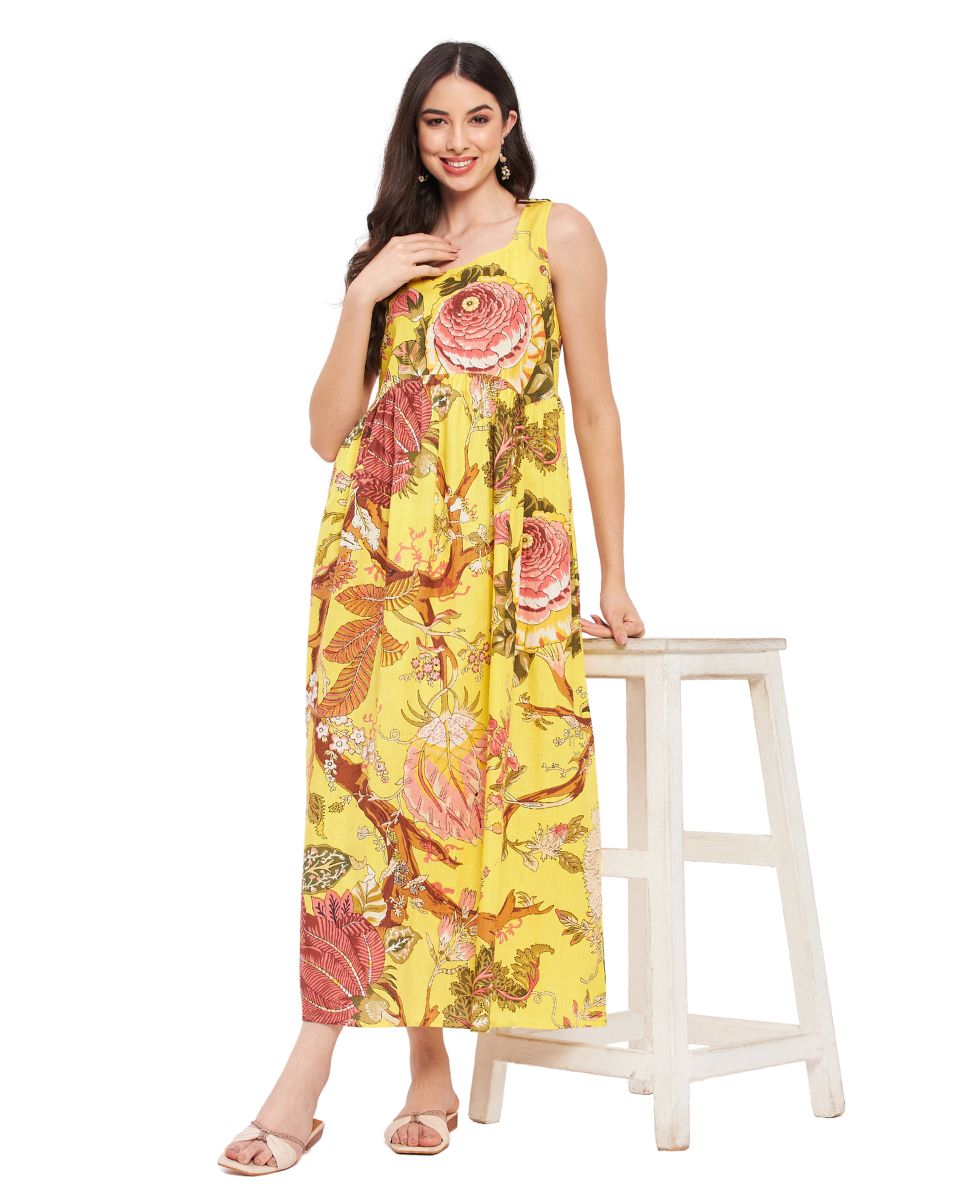 Sleeveless Floral Printed Cotton Yellow Maxi Dress For Women