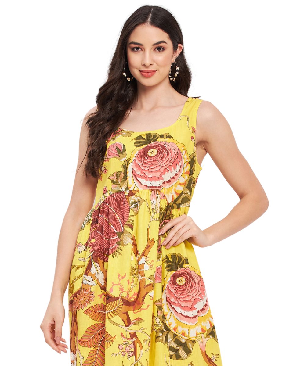 Sleeveless Floral Printed Cotton Yellow Maxi Dress For Women