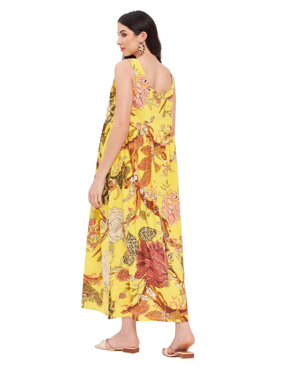 Sleeveless Floral Printed Cotton Yellow Maxi Dress For Women