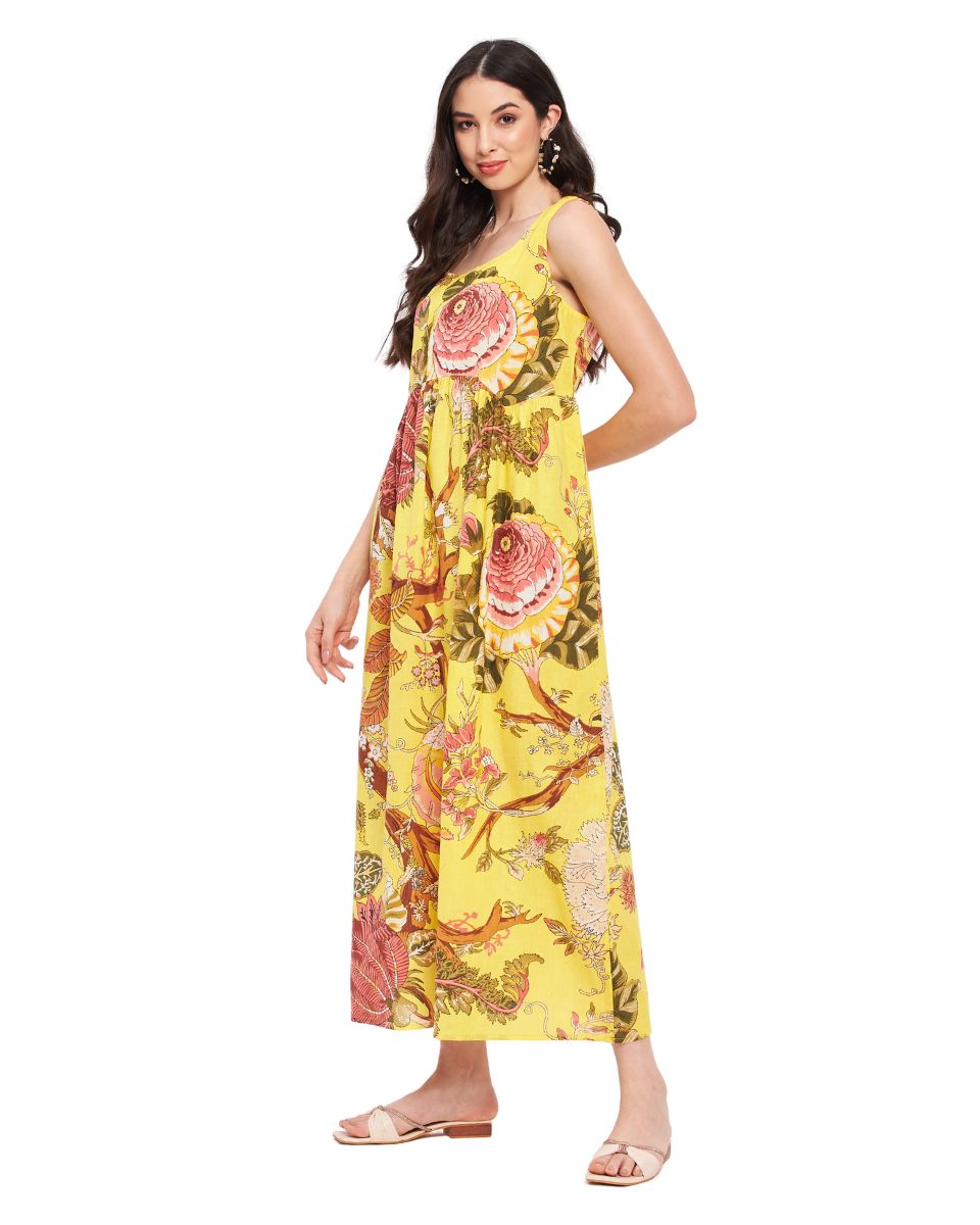 Sleeveless Floral Printed Cotton Yellow Maxi Dress For Women