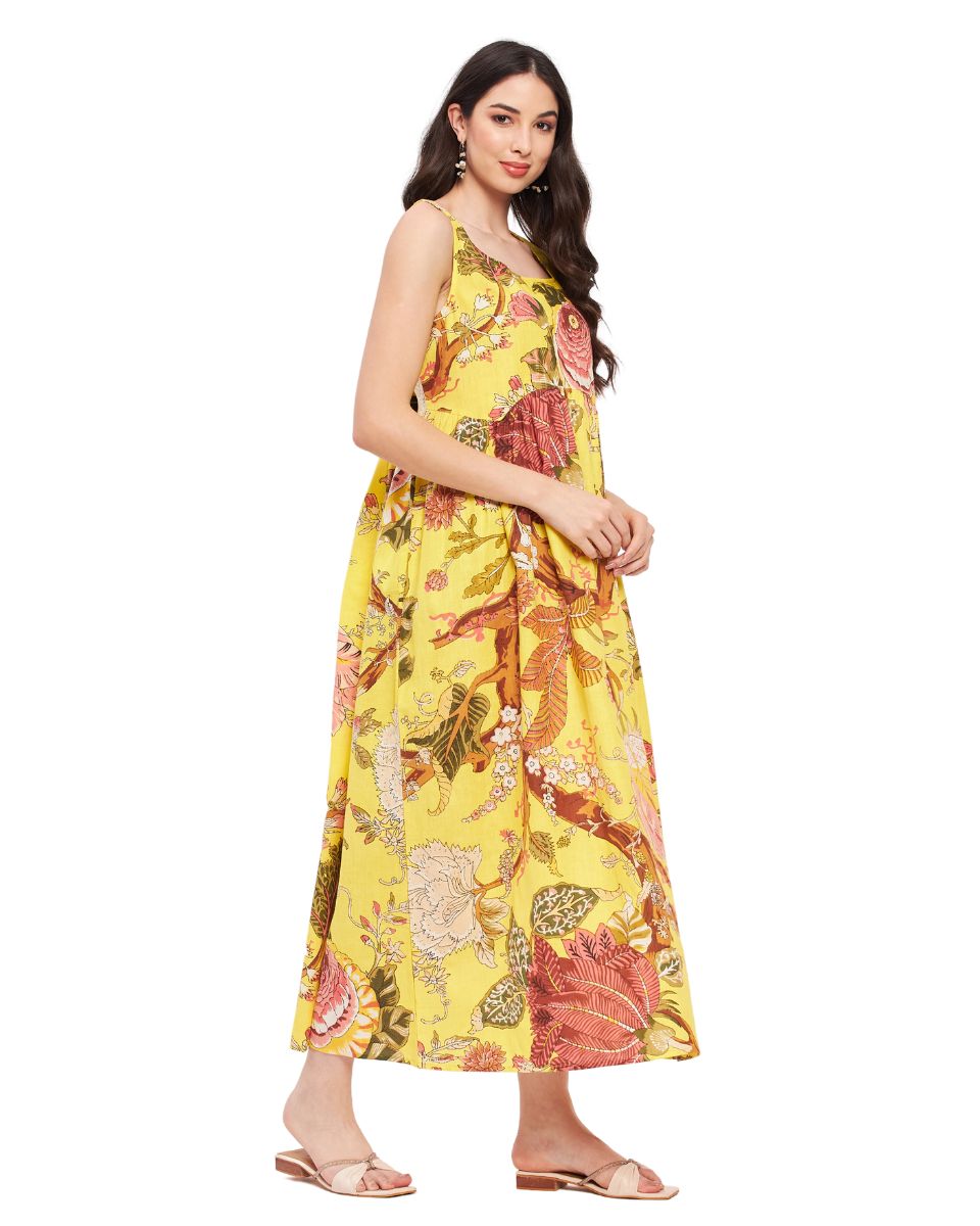 Sleeveless Floral Printed Cotton Yellow Maxi Dress For Women