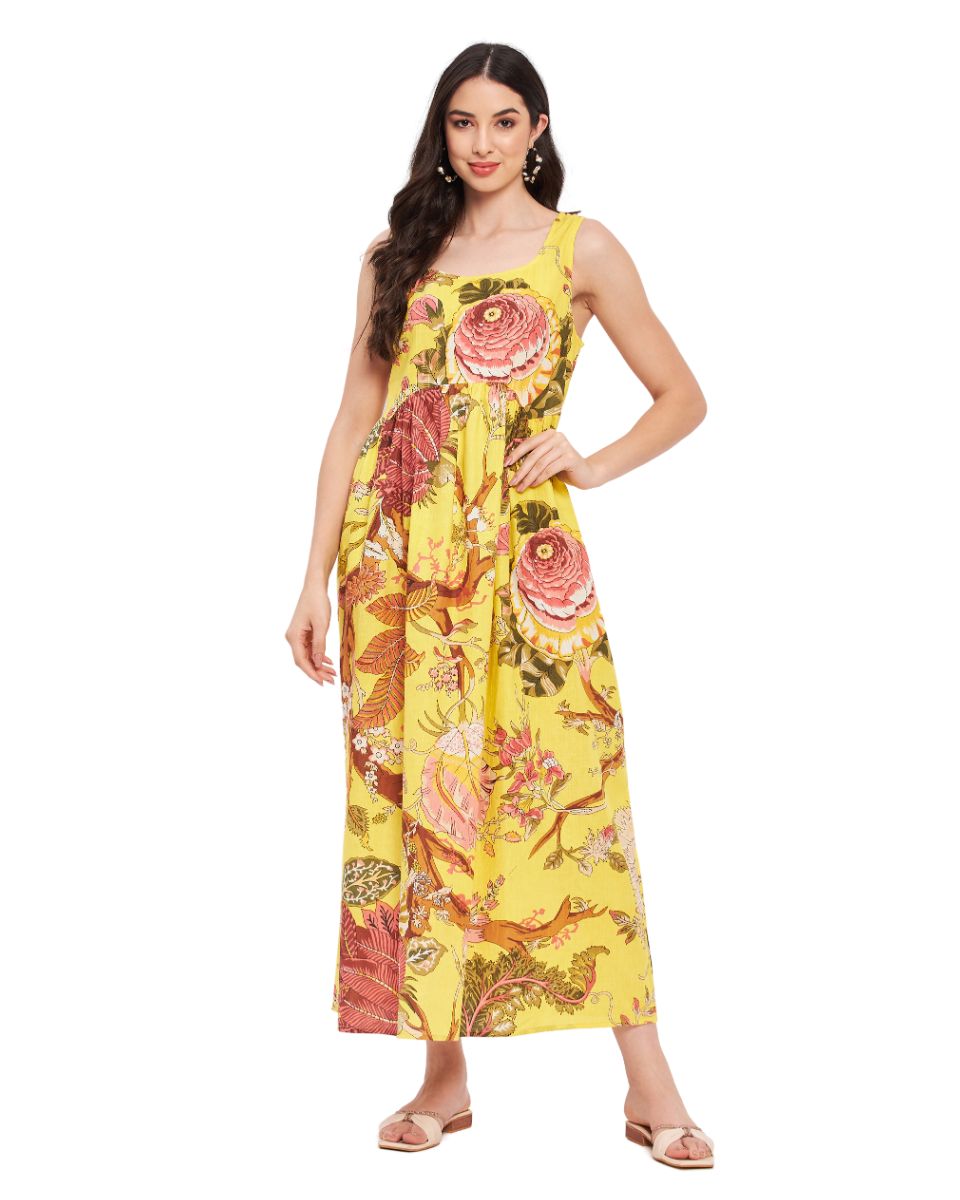 Sleeveless Floral Printed Cotton Yellow Maxi Dress For Women