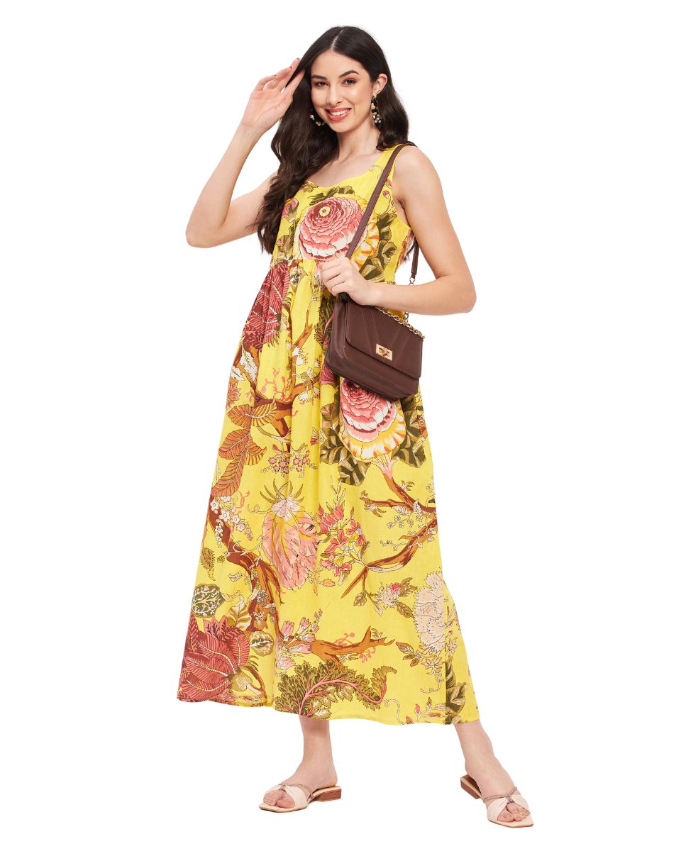 Sleeveless Floral Printed Cotton Yellow Maxi Dress For Women