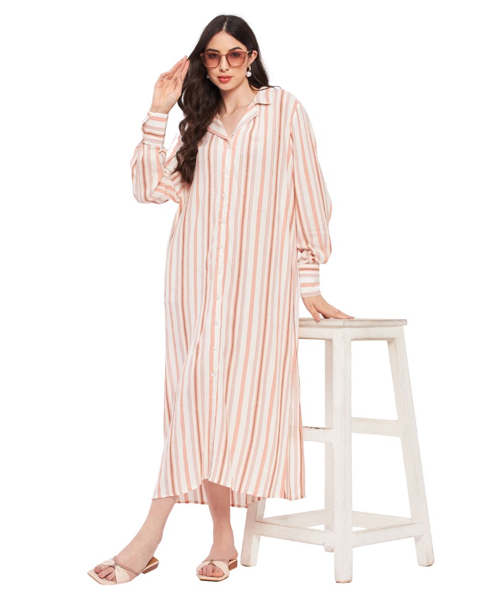 Striped White And Rust Rayon Collared Neck Maxi Dress with Side Split For Women