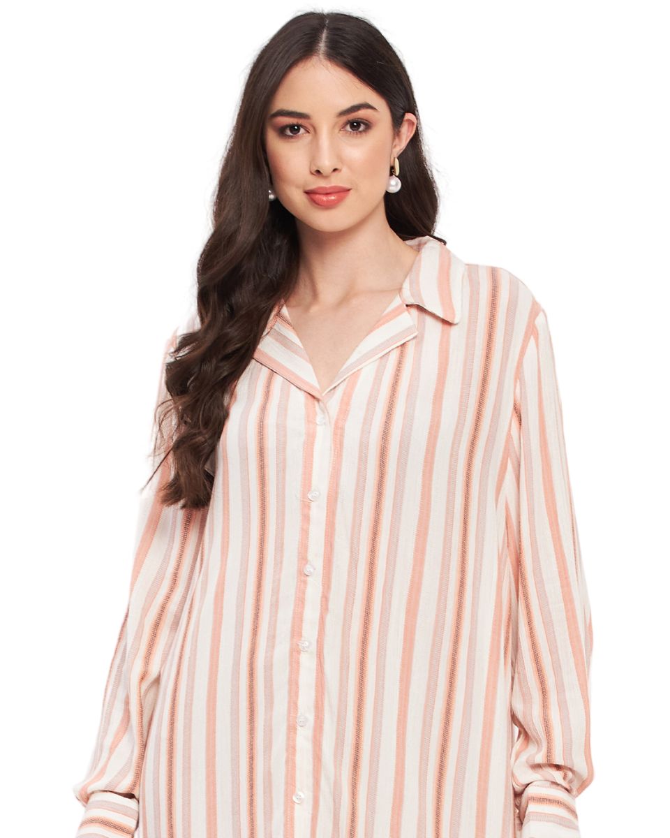 Striped White And Rust Rayon Collared Neck Maxi Dress with Side Split For Women