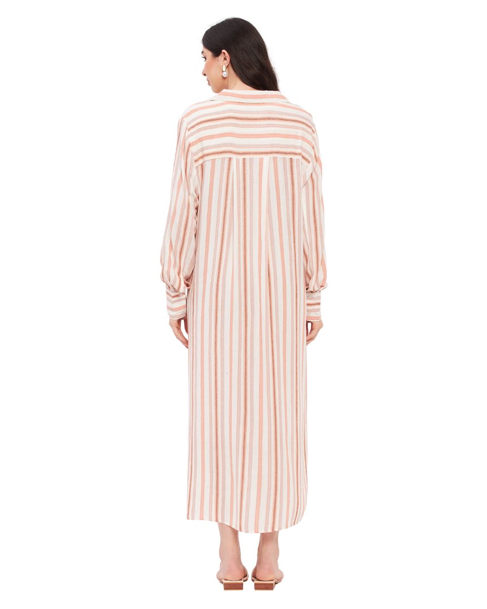 Striped White And Rust Rayon Collared Neck Maxi Dress with Side Split For Women