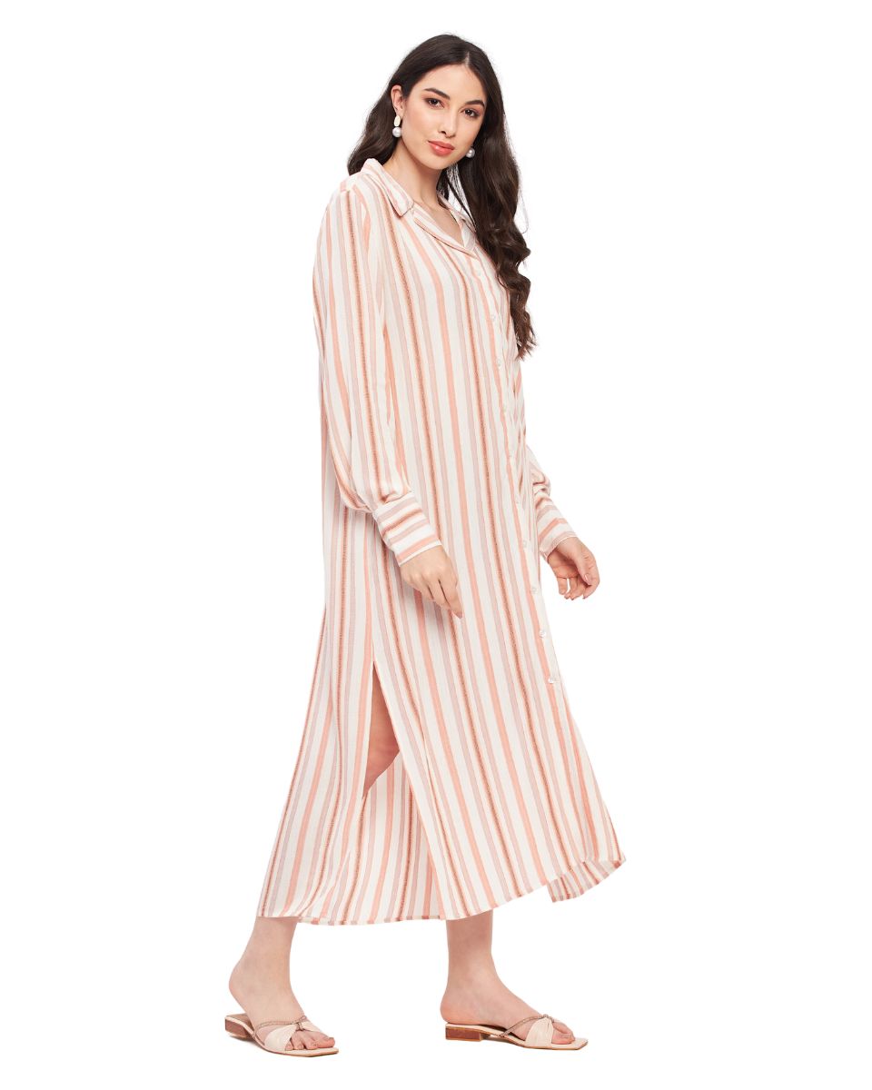 Striped White And Rust Rayon Collared Neck Maxi Dress with Side Split For Women