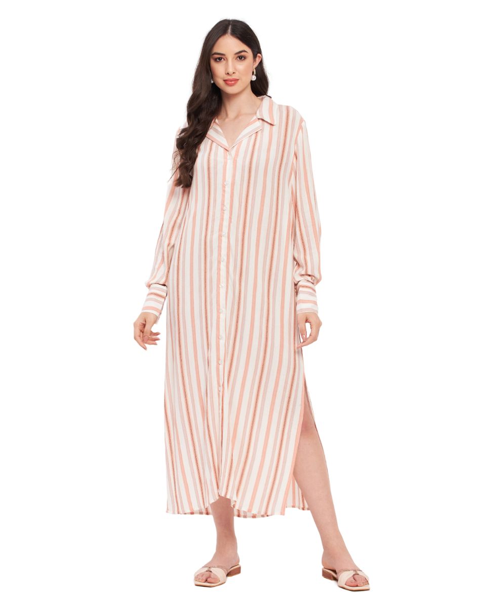 Striped White And Rust Rayon Collared Neck Maxi Dress with Side Split For Women