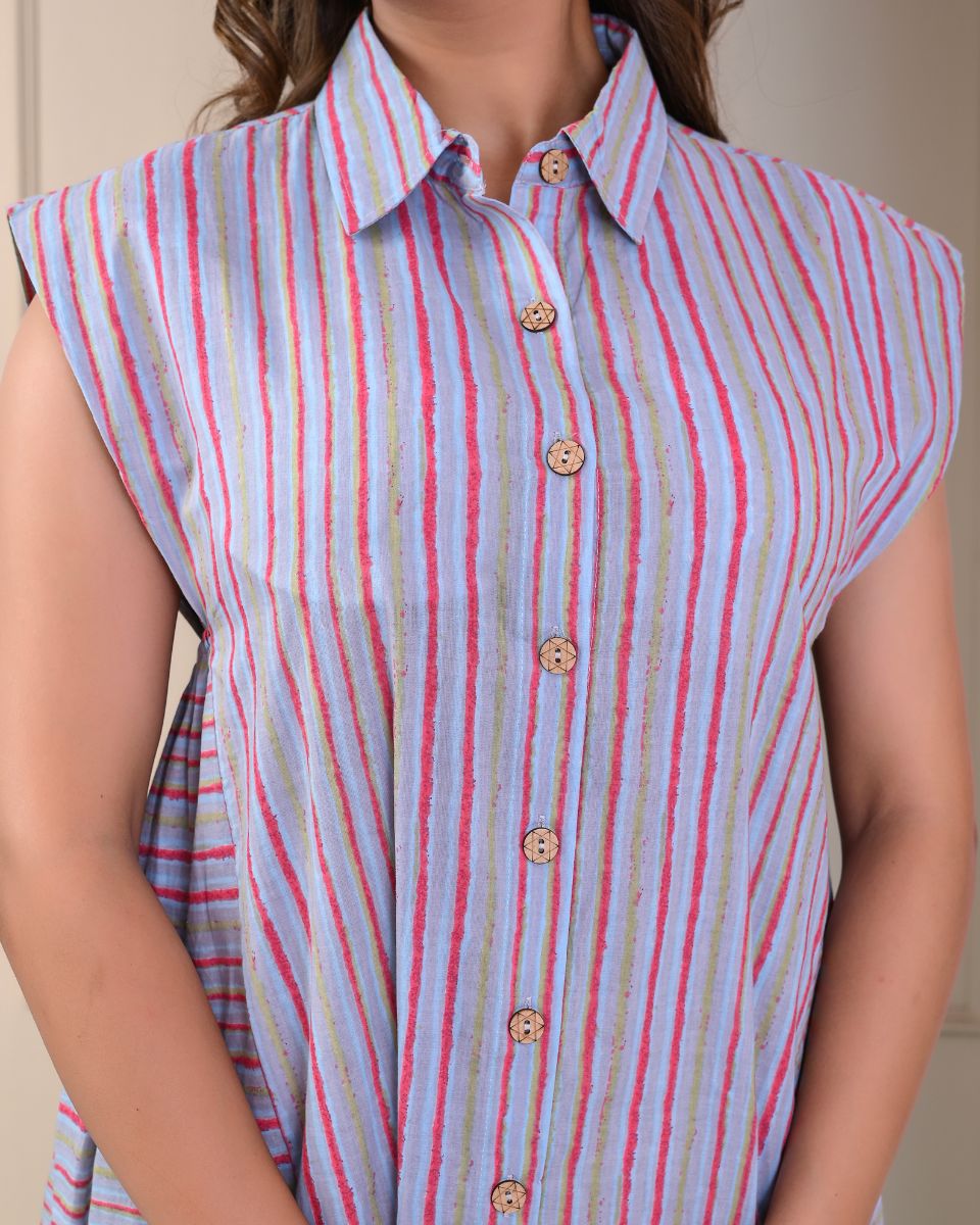 Striped Printed Gray Cotton Elegant Ankle Length Dress for Women With Front Buttons