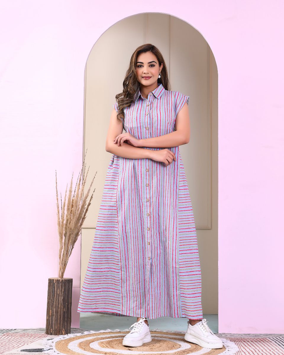 Striped Printed Gray Cotton Elegant Ankle Length Dress for Women With Front Buttons