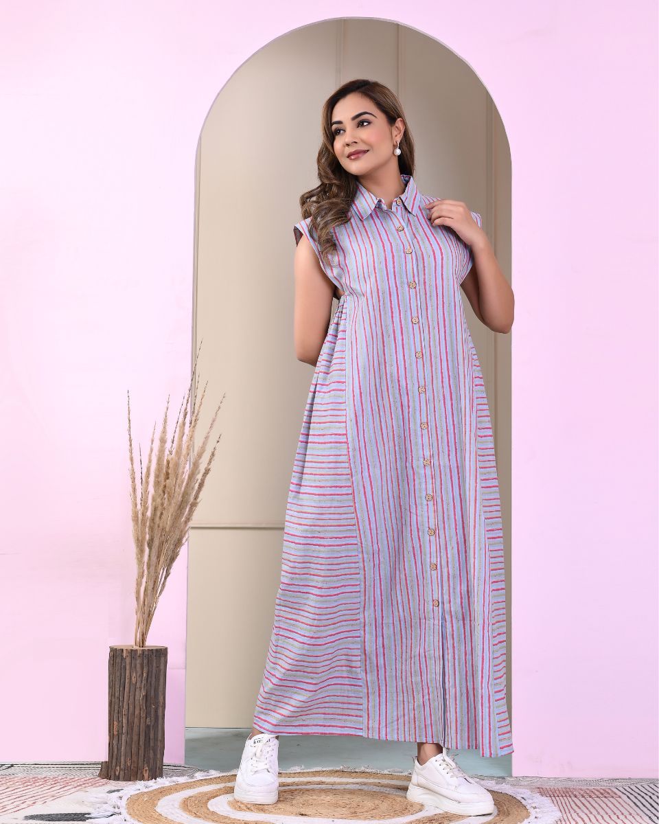 Striped Printed Gray Cotton Elegant Ankle Length Dress for Women With Front Buttons