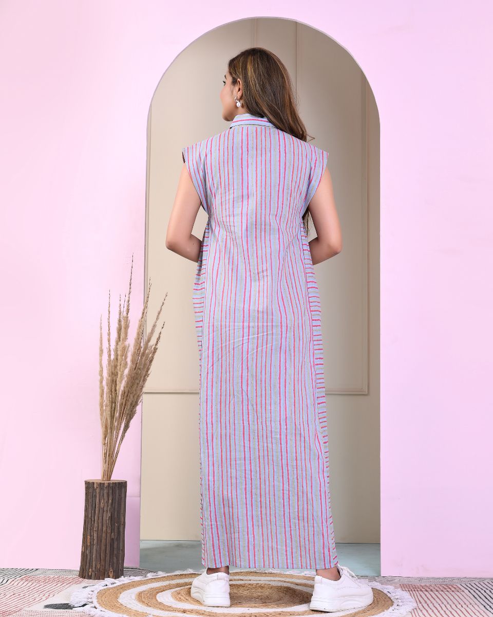 Striped Printed Gray Cotton Elegant Ankle Length Dress for Women With Front Buttons