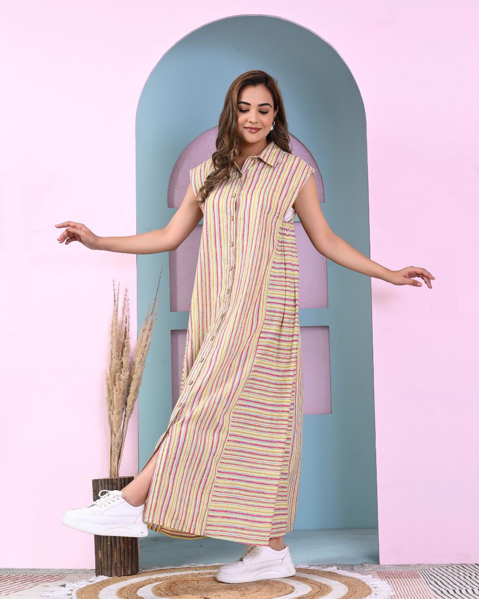 Yellow Striped Women Long Cotton Casual Dress With Front Buttons