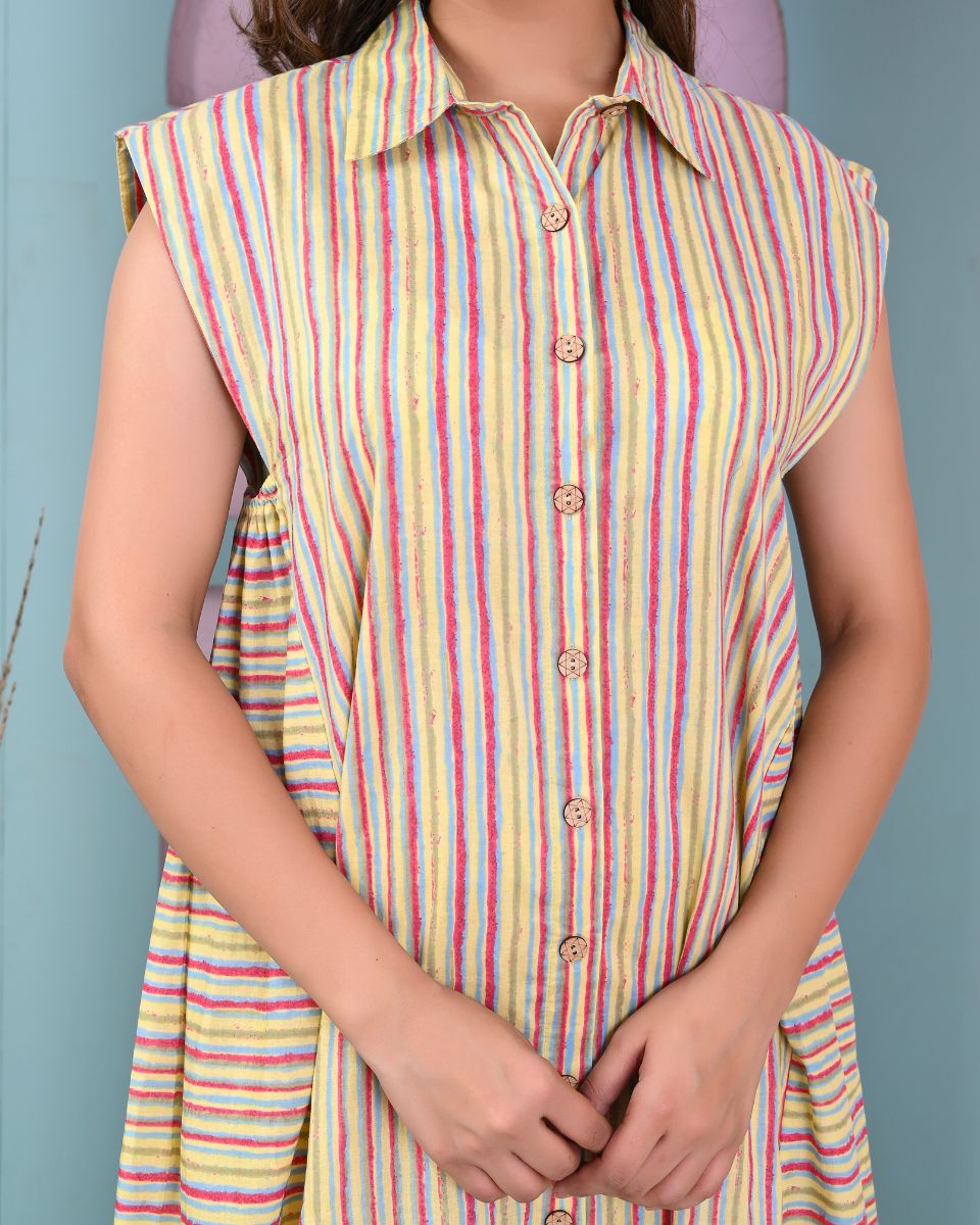 Yellow Striped Women Long Cotton Casual Dress With Front Buttons