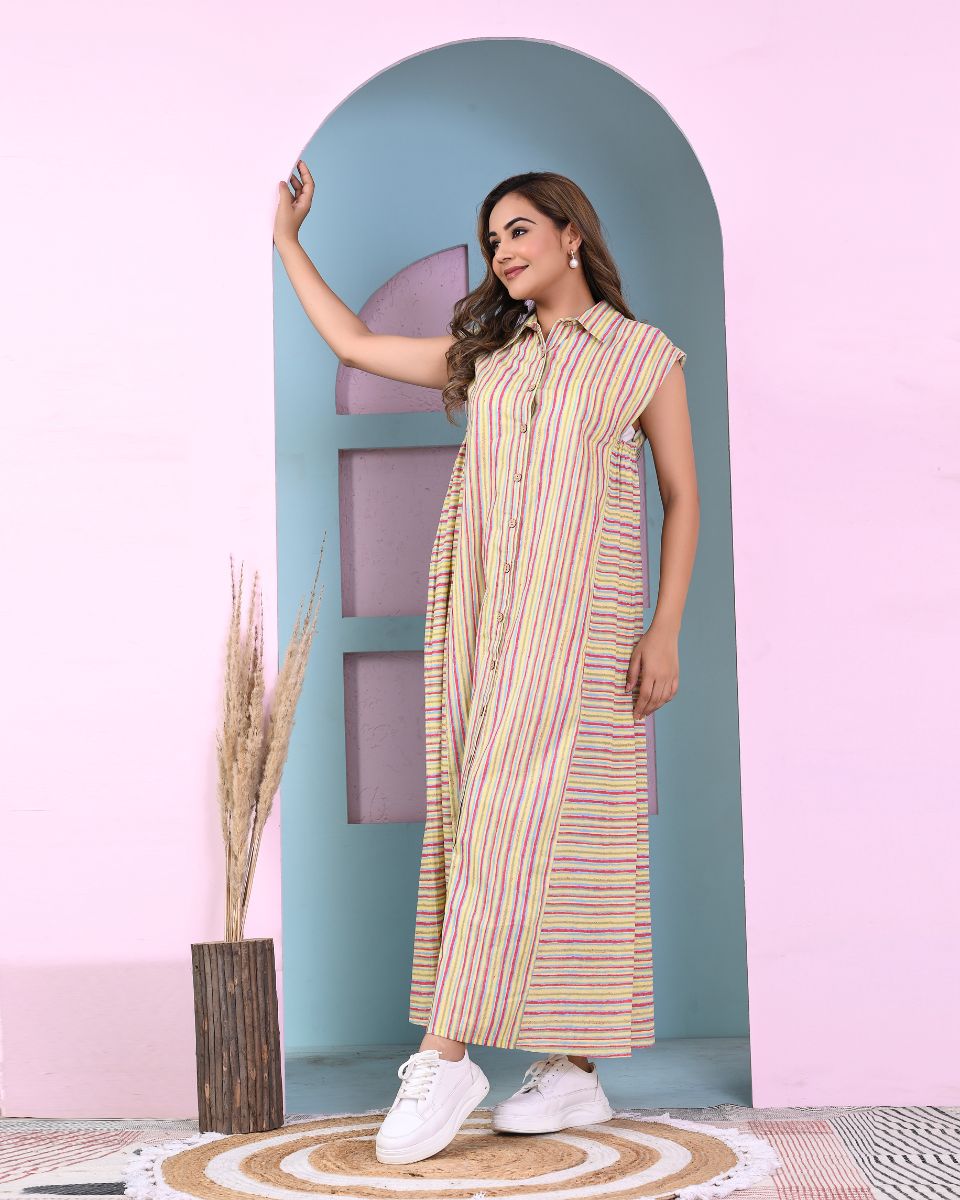 Yellow Striped Women Long Cotton Casual Dress With Front Buttons