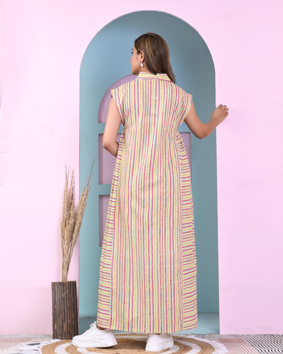 Yellow Striped Women Long Cotton Casual Dress With Front Buttons