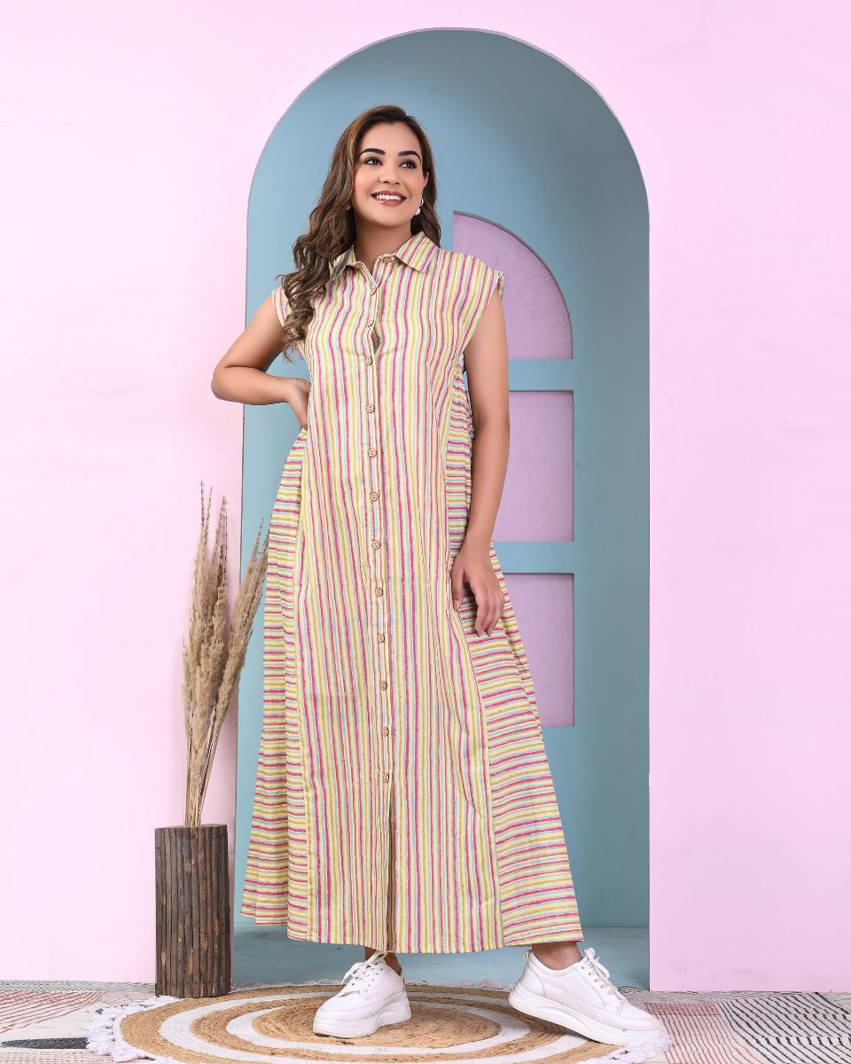 Yellow Striped Women Long Cotton Casual Dress With Front Buttons
