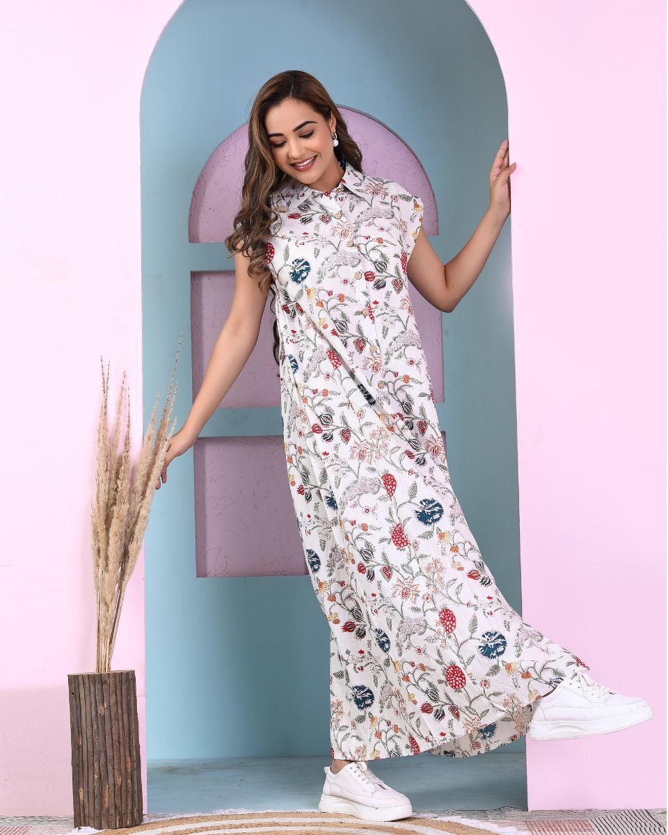White Cotton Women Floral Printed Long Dress With Front Buttons