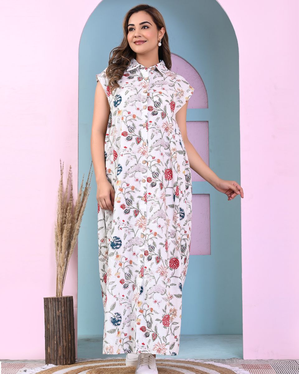 White Cotton Women Floral Printed Long Dress With Front Buttons
