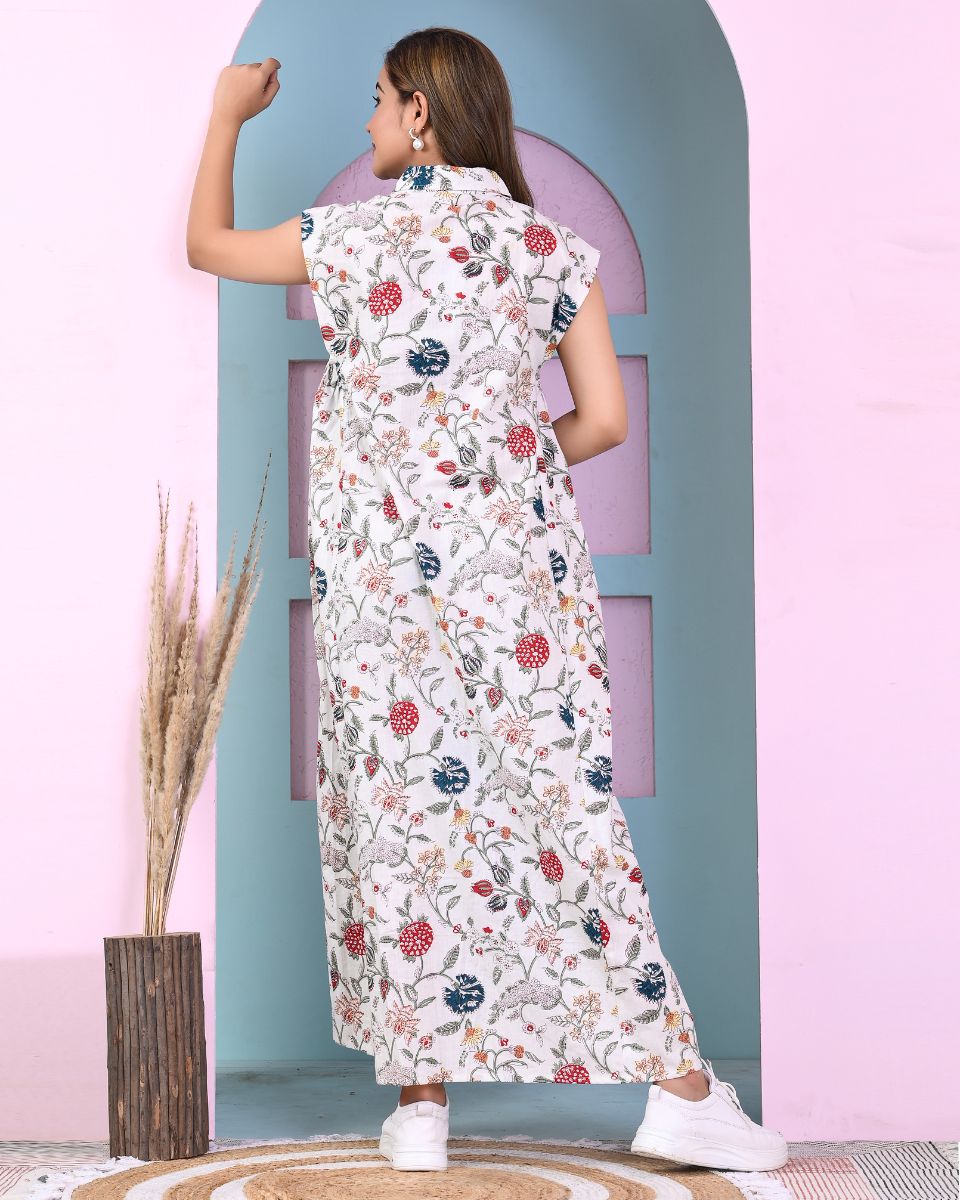 White Cotton Women Floral Printed Long Dress With Front Buttons