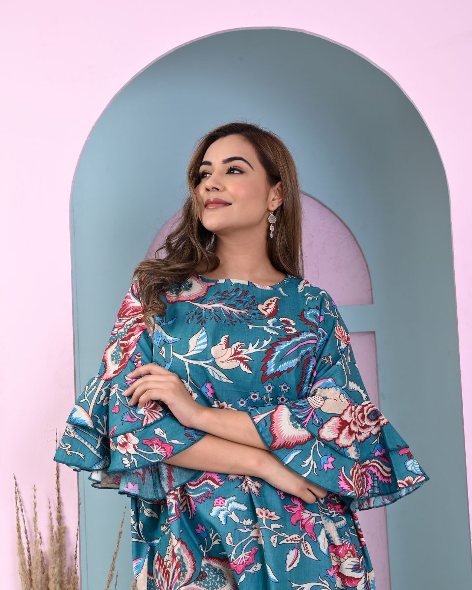 Turquoise Cotton Ruffle Midi Floral Party Dress For Women
