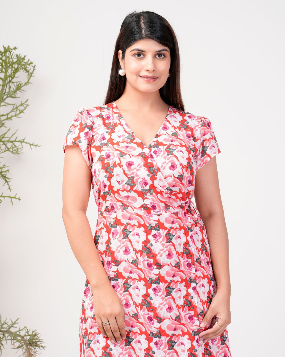 Floral Printed Rivera Red Boho Midi Dress For Women