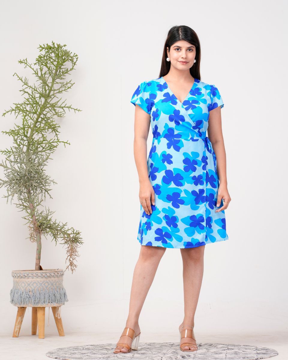 Floral Printed Blue Poly Crepe Overlap Casual Dress For Women