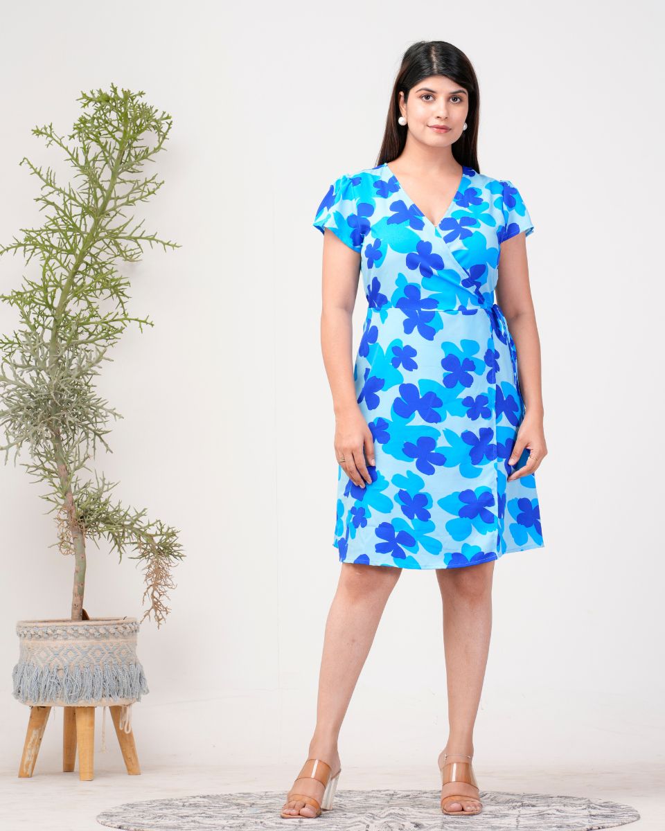 Floral Printed Blue Poly Crepe Overlap Casual Dress For Women
