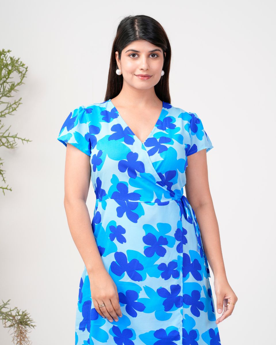 Floral Printed Blue Poly Crepe Overlap Casual Dress For Women