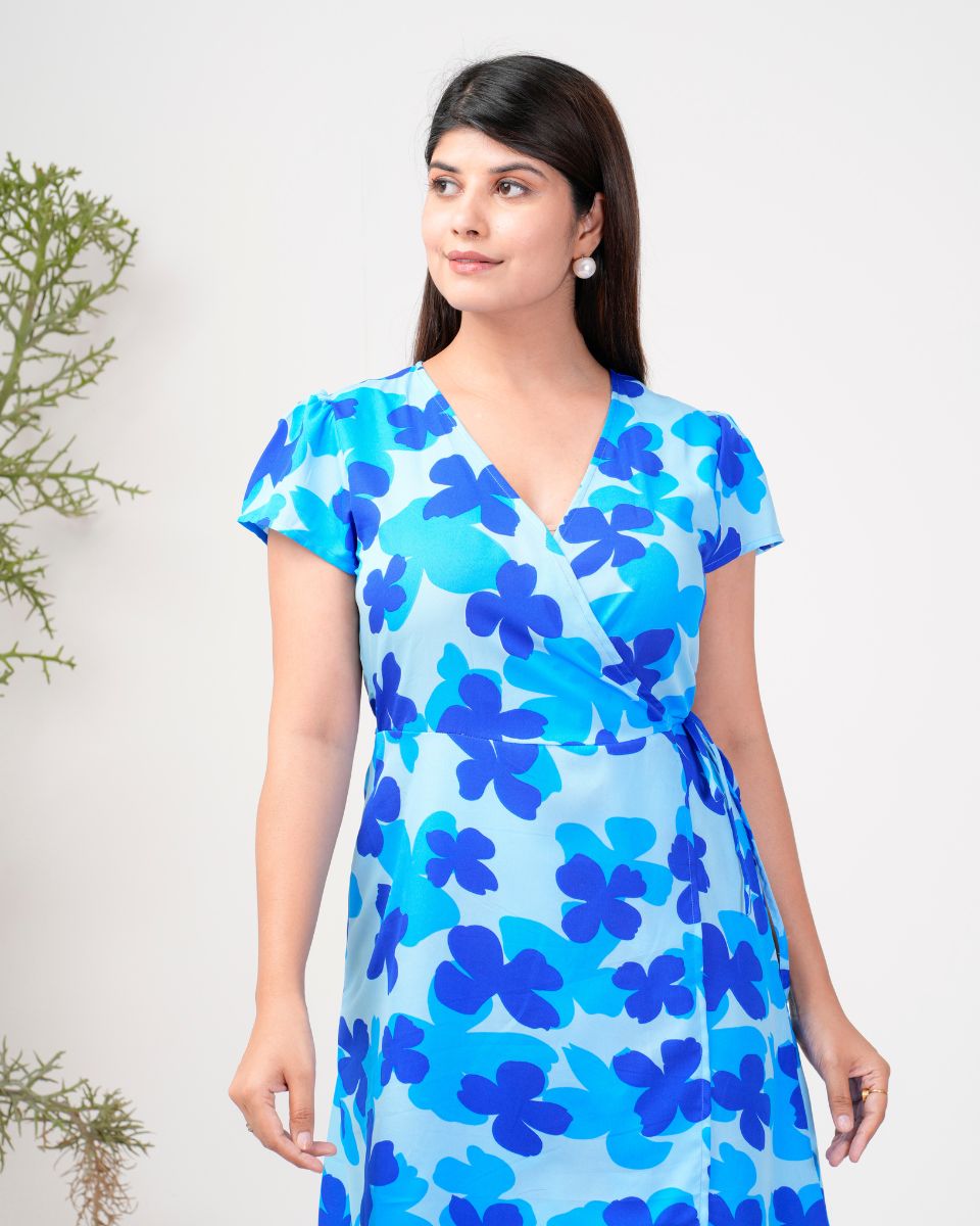 Floral Printed Blue Poly Crepe Overlap Casual Dress For Women