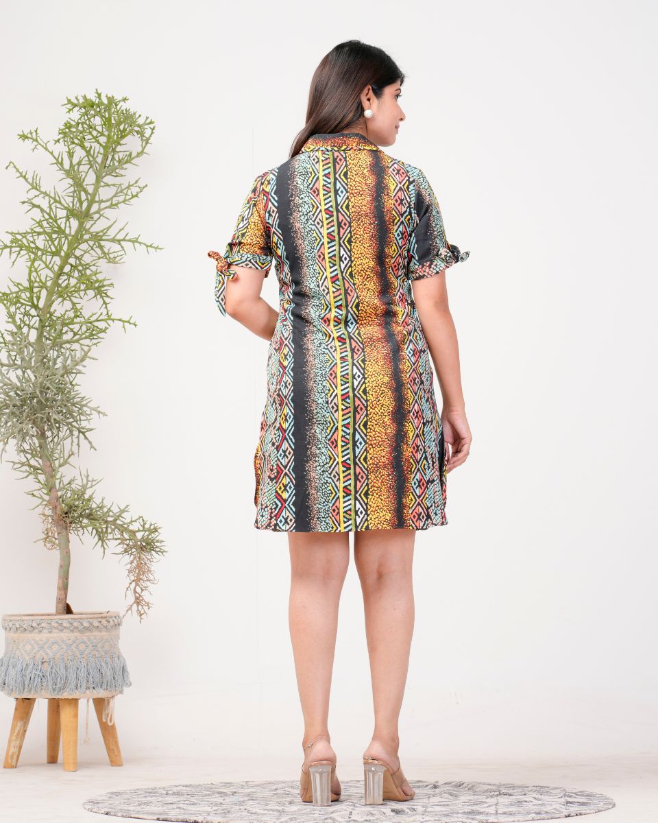 Stripped Printed Black Polyester Crepe Mini Dress For Women