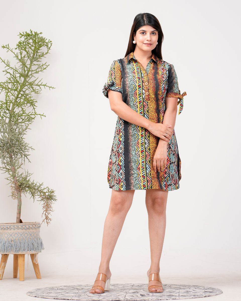 Stripped Printed Black Polyester Crepe Mini Dress For Women