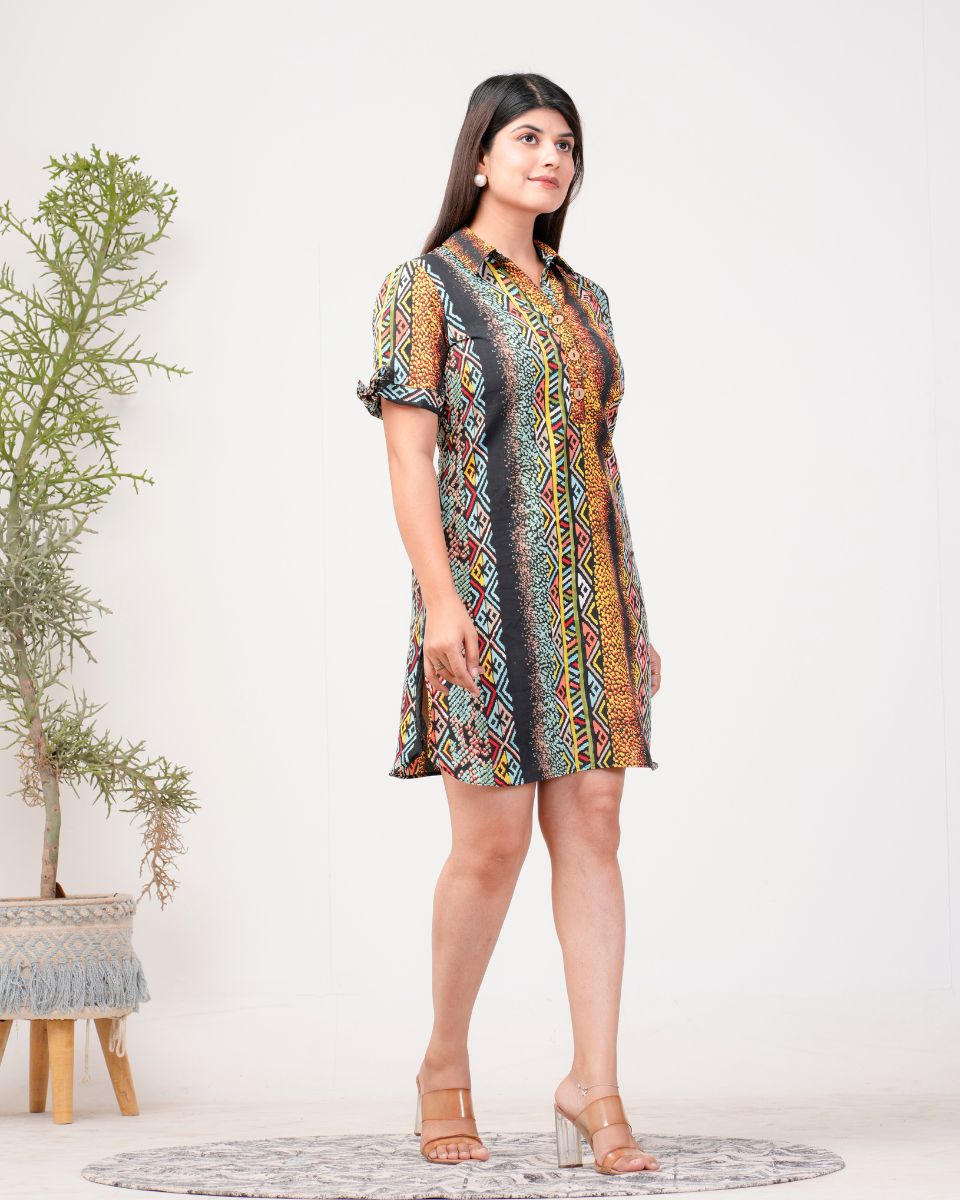 Stripped Printed Black Polyester Crepe Mini Dress For Women