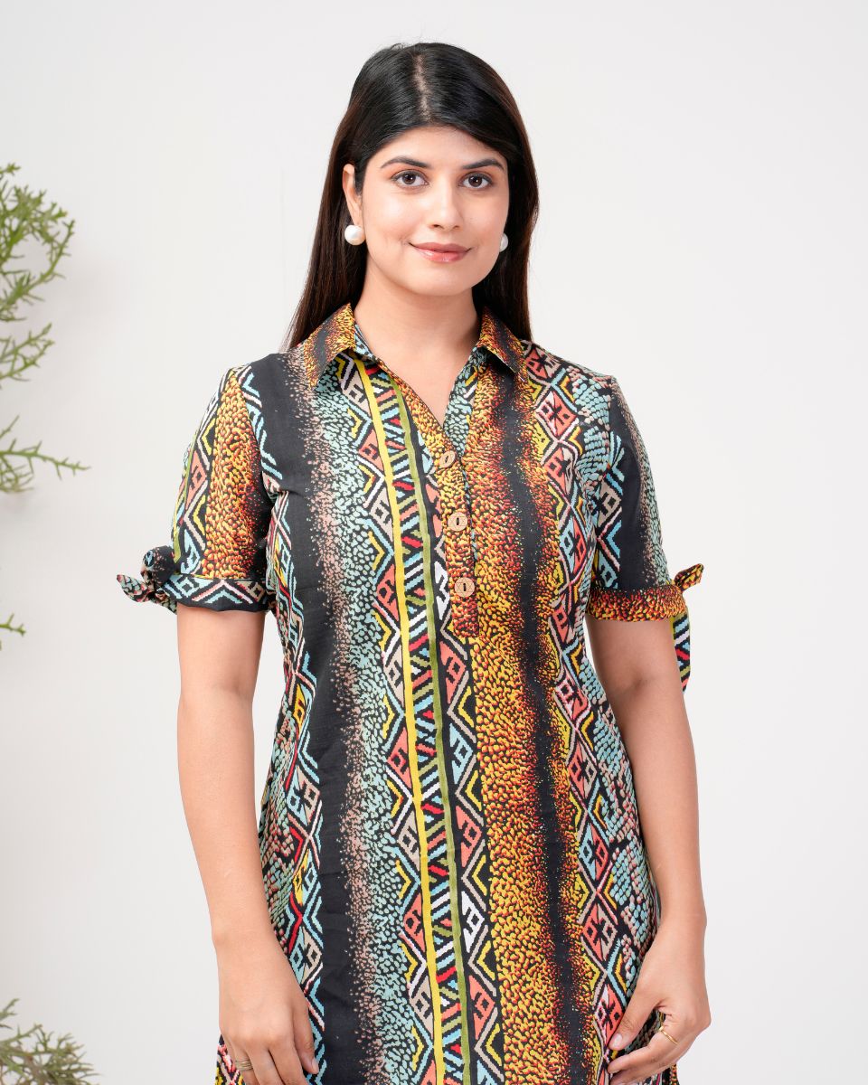 Stripped Printed Black Polyester Crepe Mini Dress For Women