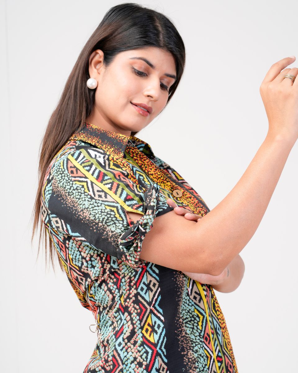 Stripped Printed Black Polyester Crepe Mini Dress For Women