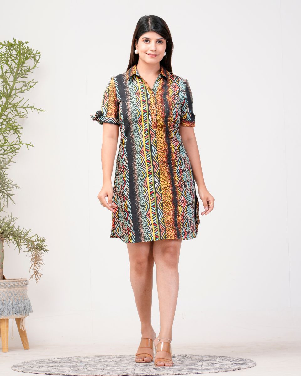 Stripped Printed Black Polyester Crepe Mini Dress For Women