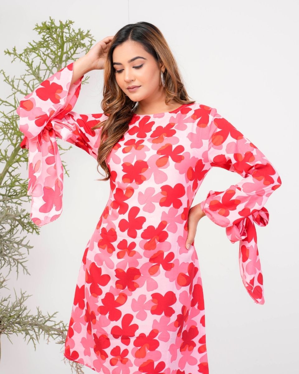 Red Poly crepe Floral Printed Dress For Women